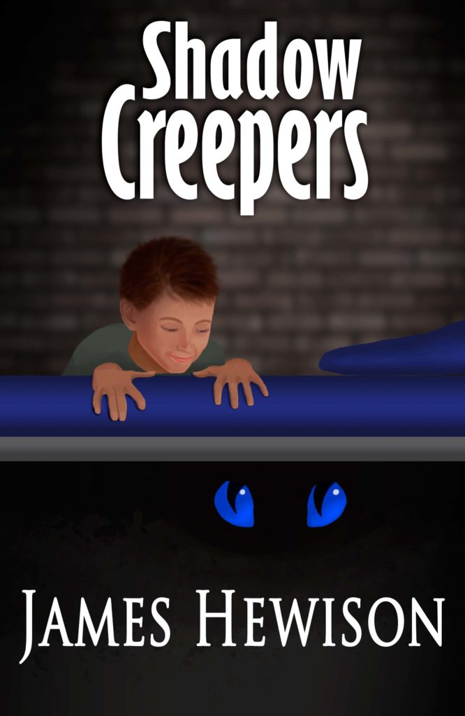 Book cover for Shadow Creepers children's novel. The image shows a young boy peers over the edge of his bed and the large cartoon eyes under the bed peer back