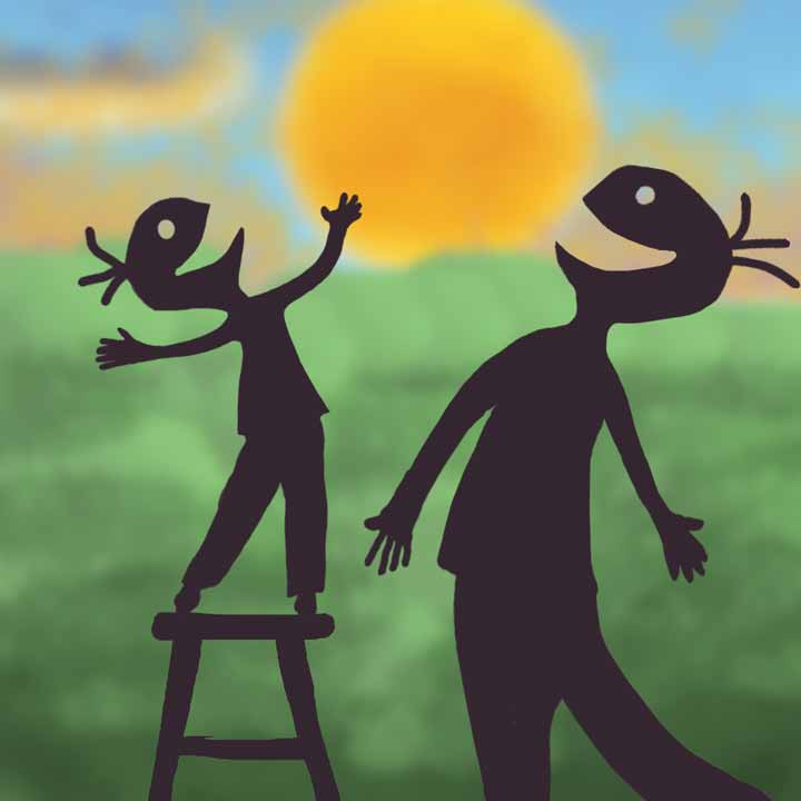 picture of the silhouettes of father and son singing as the sun goes down behind a grassy field or hill