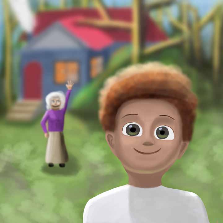 This is a cartoon picture of a smiling boy standing in front of an old lady who is waving goodbye to him while she stands in front of a house surrounded by trees and bushes