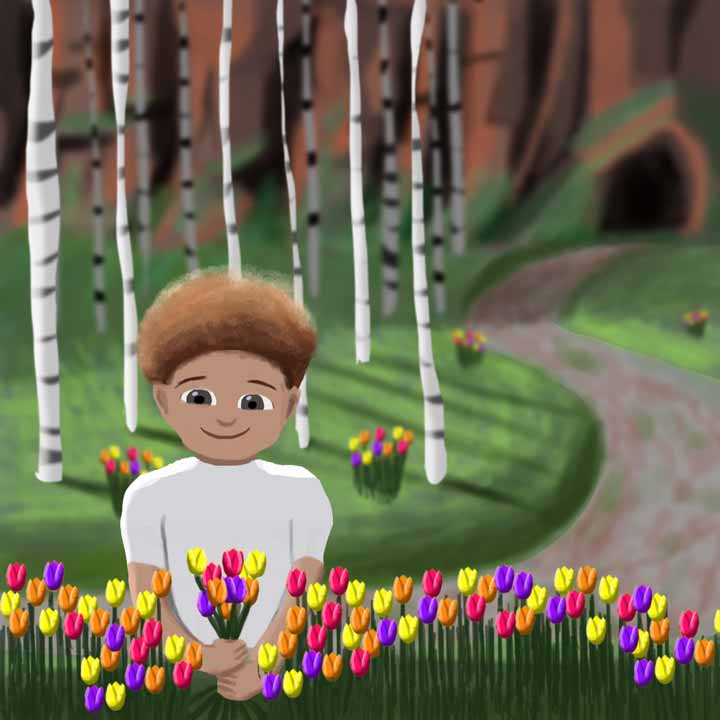 This is a cartoon picture of a boy who is picking colourful flowers and standing at the edge of a path leading past some striped trees to a cave opening