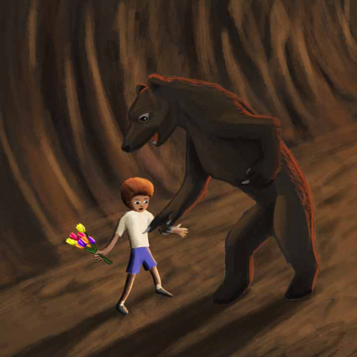 a cartoon picture of a large brown bear inside a tunnel pointing at the tummy of a little boy holding a bunch of tulips in his hand.