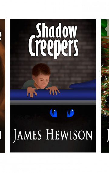 This is an image of three books. The first book is called "Beware the Bear" and shows a boy marching along a tunnel singing. The second books is called "Shadow Creepers" and shows a boy peering over the edge of his bed. Under the bed is a pair of blue eyes looking up at him. The third book is called "Behind the Twisted Fence". It shows a girl climbing a fence. Her hair is glowing and extends outwards in tendrils which sparkle and illuminate the sticks and twigs that make up the fence.