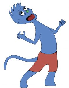 cartoon image of a blue character holding up a fist and a claw. He has spiky hair, an open mouth and hooded eyes.