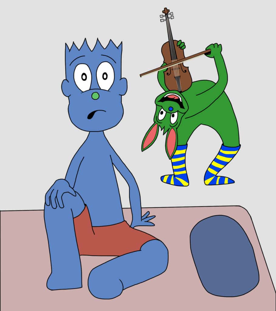 A blue character sits on a bed looking shocked while a green character bends over backwards playing a violin