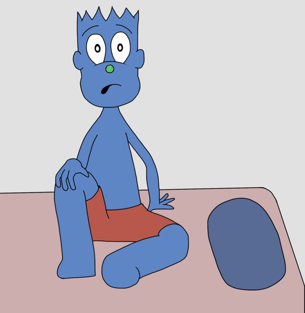 Image of a blue cartoon character looking shocked sitting on a bed with a blank background.