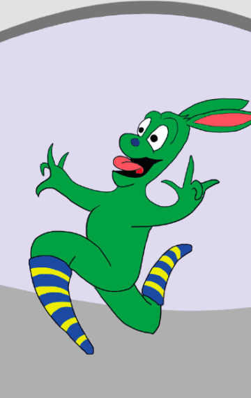 Image of a green cartoon character with bunny ears and stripy socks running by with his tongue out looking happy.