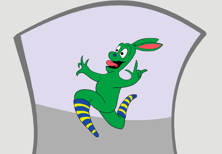 Image of a green character with bunny ears and stripy socks running with tongue out looking happy.