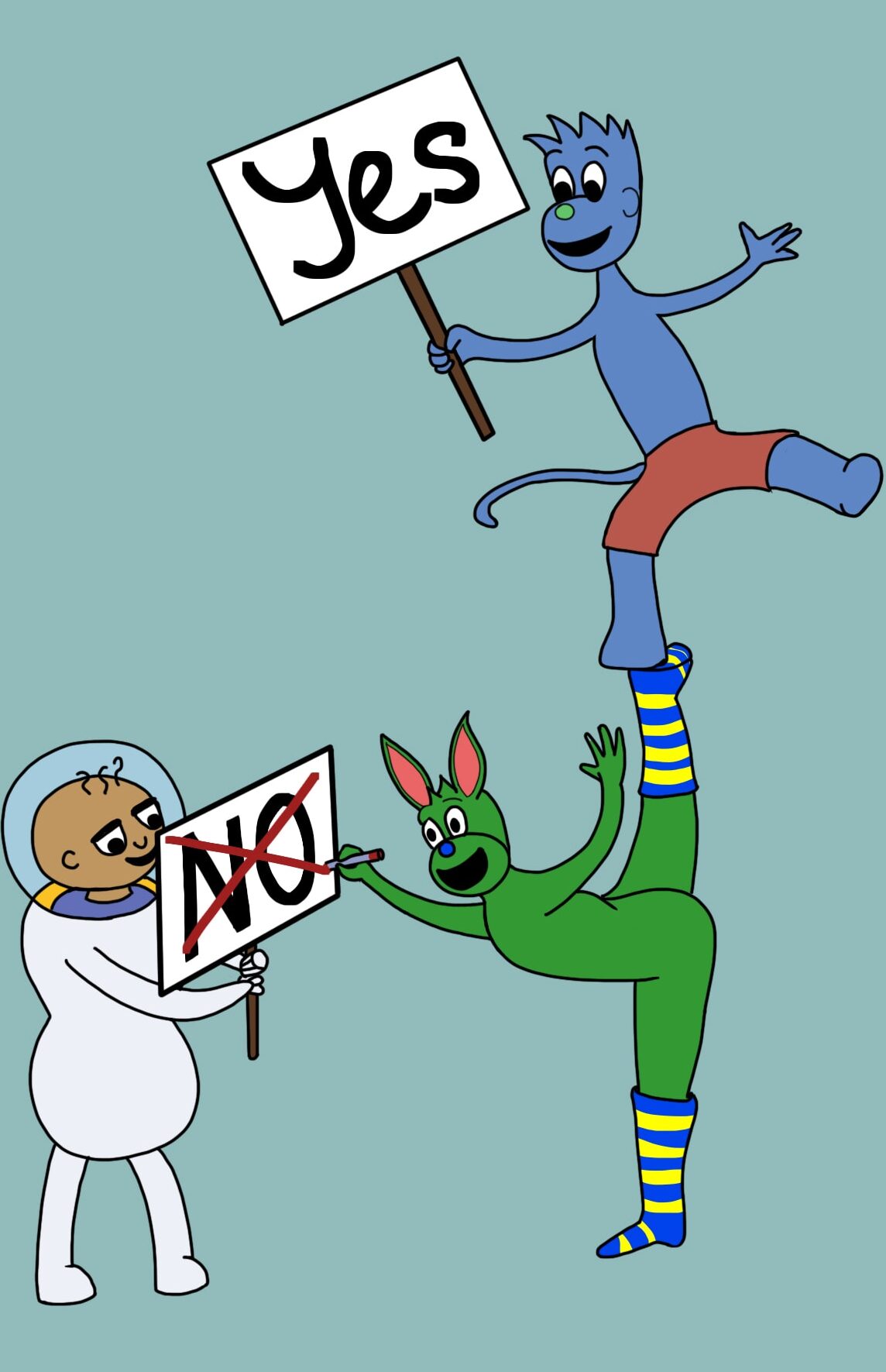 Image of a Blue cartoon character holding a sign that says 'Yes". The character is balancing on the foot of a green character holding a pen and crossing on the text on a sign that says "no". A third character dressed as an astronaut is holding the "no" sign.