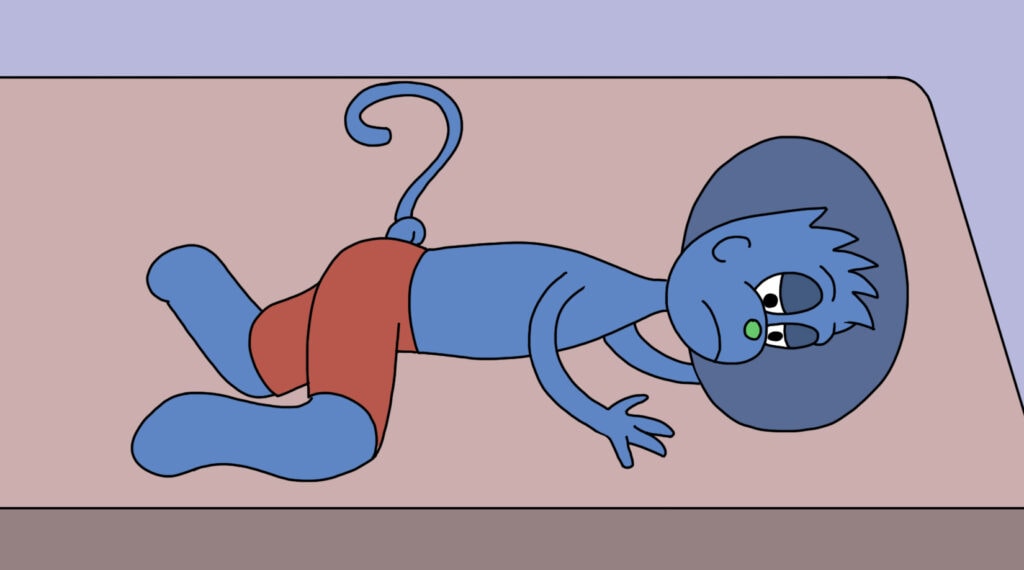Blue cartoon character lies on a bed looking sad or thoughtful