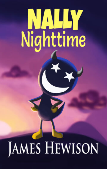 Cover image showing the title "Nally Nighttime" above a dark smiling character with stars for eyes and a moon for a mouth standing in front of a sunset scene.