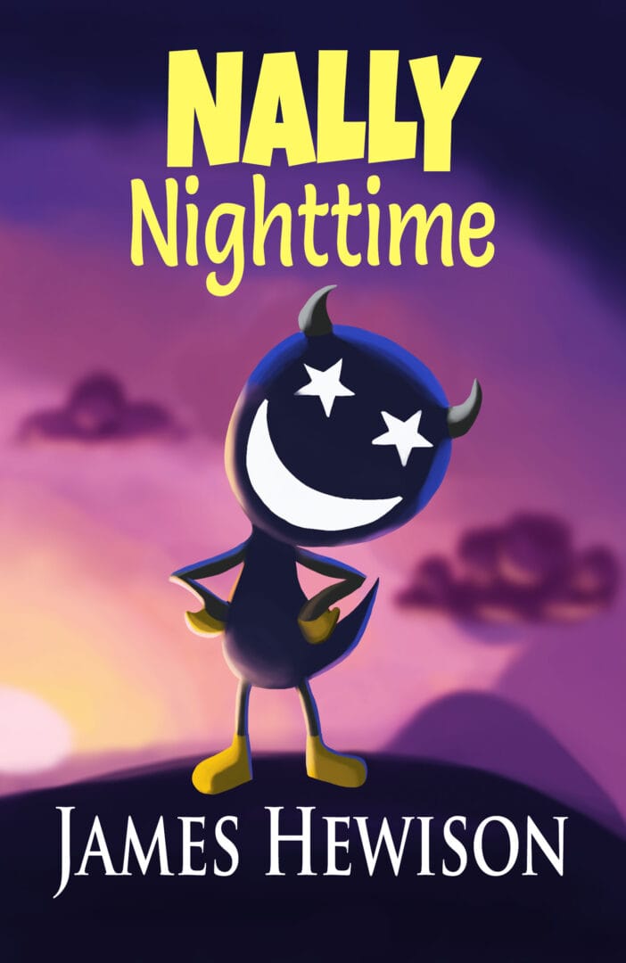 Cover image showing the title "Nally Nighttime" above a dark smiling character with stars for eyes and a moon for a mouth standing in front of a sunset scene.