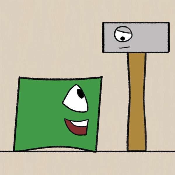 Image of a green square character staring up at a hammer and asking for help.